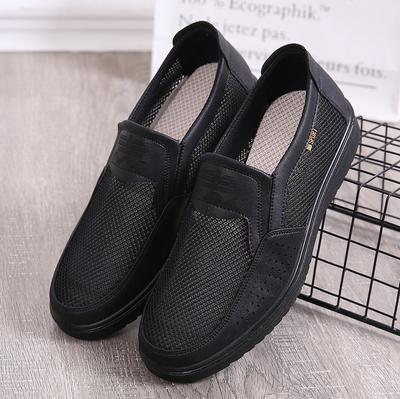 Flat Heel Casual Black Round Head Mesh Cloth Surface Hollow Summer Solid Color Mesh Shoes Men's Shoes Middle-aged and Elderly Men's Walking Shoes