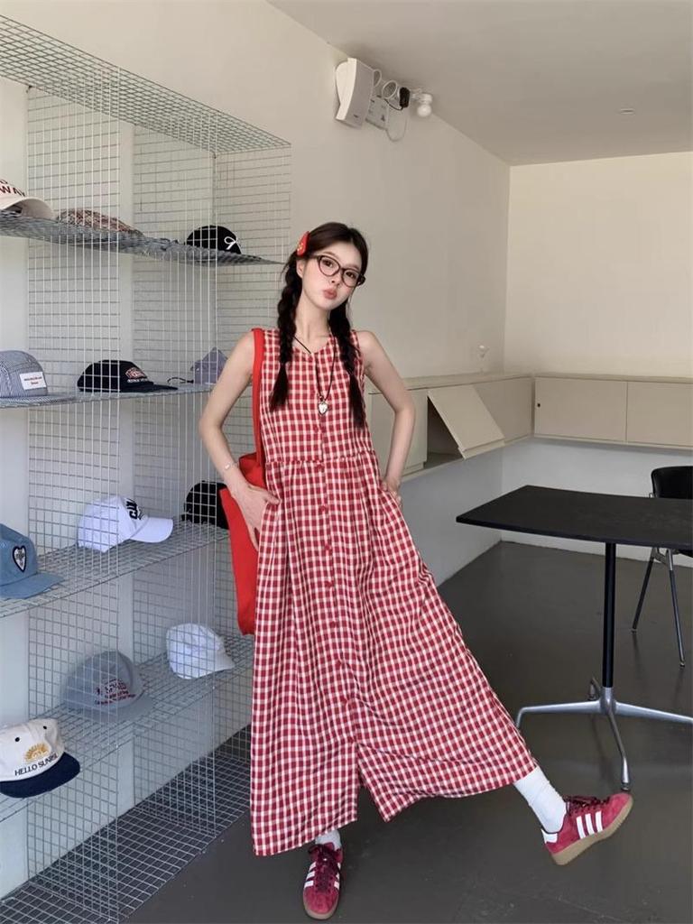 Women's Sweet & Spicy Red Plaid Sleeveless Tank Dress - Spring 2025 Collection, Loose Fit, Single-Breasted, Long Lazy Style