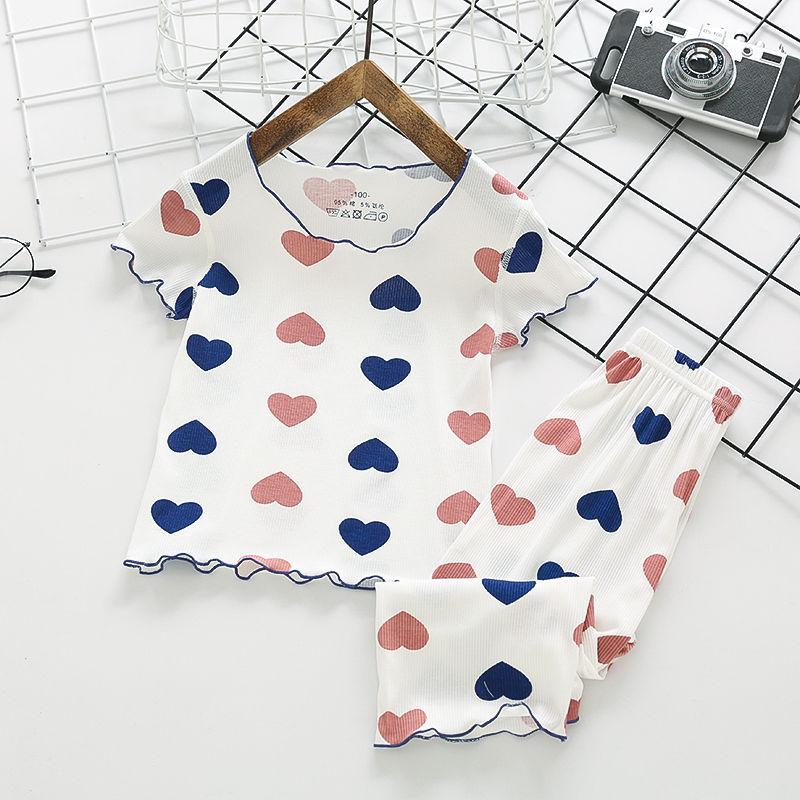 Girls Summer Ice Silk Short Sleeve Pajama Set Polka Dot Thin Home Wear Kids Cool Air Conditioner Underwear
