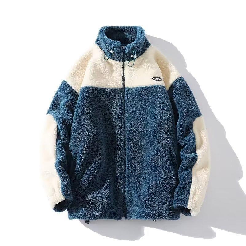 Men's Trendy Colorblock Fleece Jacket - Winter Lambswool with Stand Collar, Thick Cotton-Padded, Loose Fit, Plus Size.