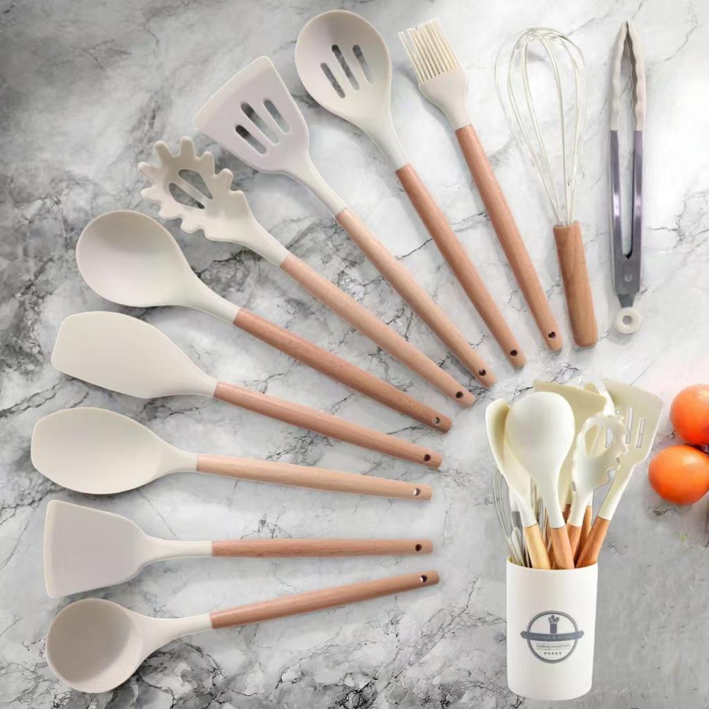 12-Piece Silicone Cookware Set with Wooden Handles - Non-stick, High-Temperature Resistant, Includes Spatula and Soup Ladle.