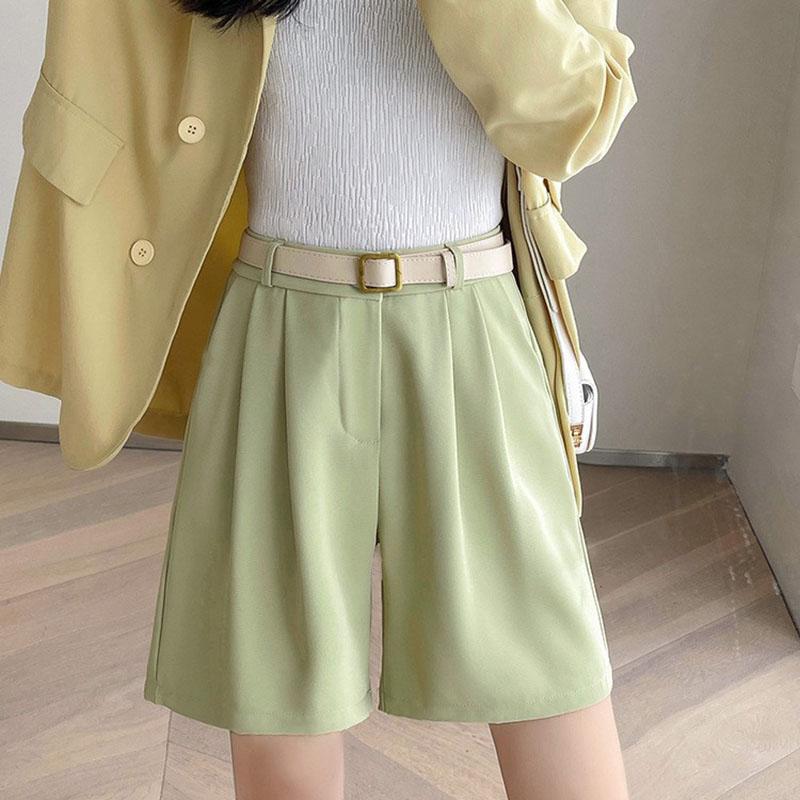 Women Summer Solid Color High-Waisted Wide-Leg Casual Suit Shorts Pants
