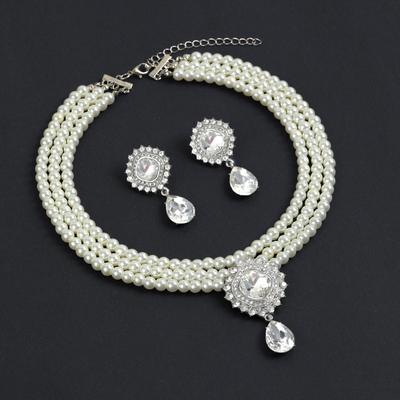 European-American French Style Beaded Choker Necklace with Imitation Pearl and Rhinestone Square Fashion Collar Jewelry Set
