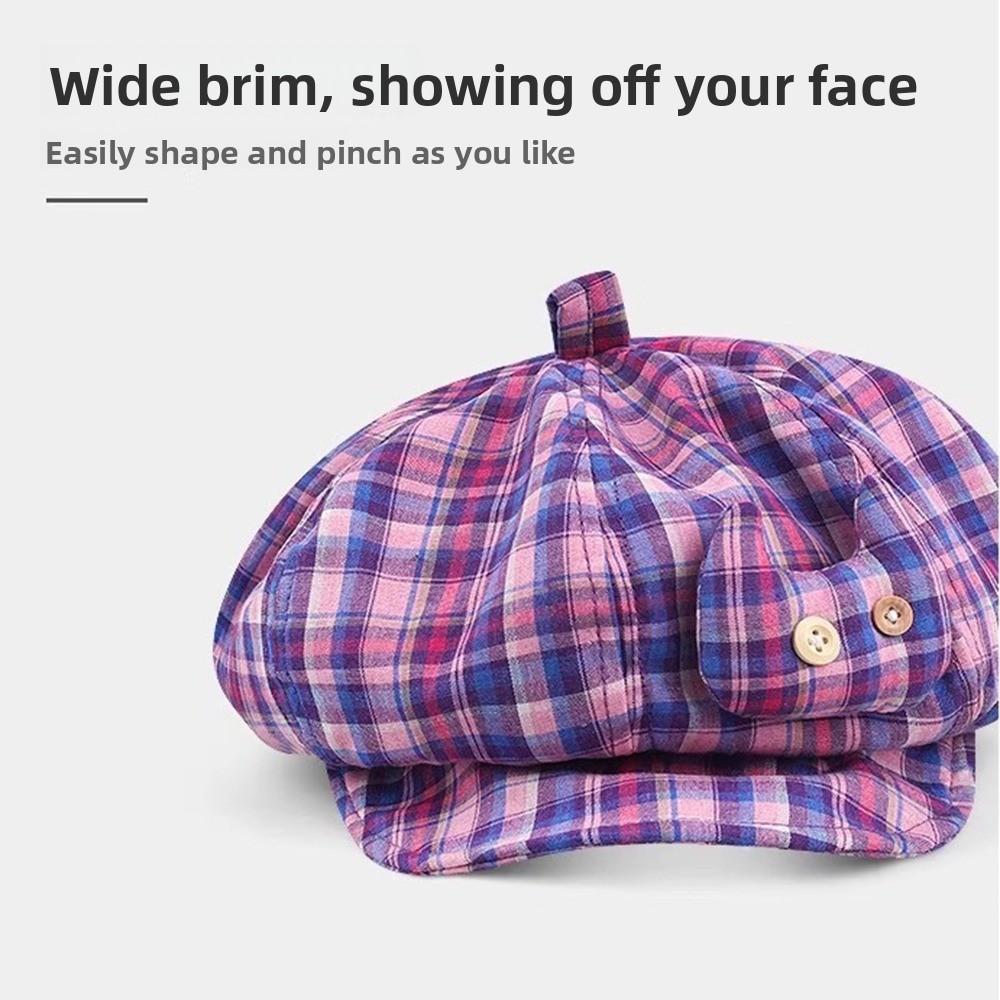 Sun Protection Japanese Button Hat Korean Style Octagonal Caps Casual Plaid Cloud Berets  Girls