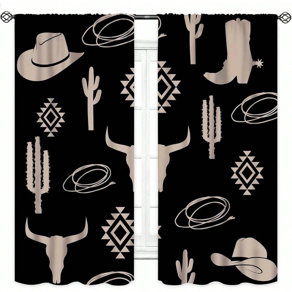Western  Curtains  Retro Bull Skull Southwestern Boho Vintage Geometric   Retro  Native Black Window Treatments For Bedroom Livin