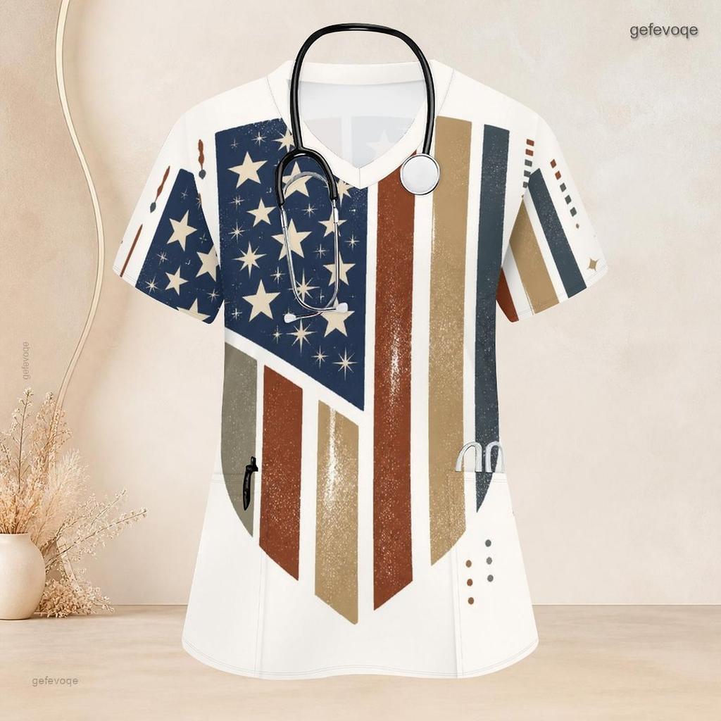Women Plus Size V Neck Short Sleeve Scrub Top Retro Brush Painting American Flag Star Print Nurse Uniform Top