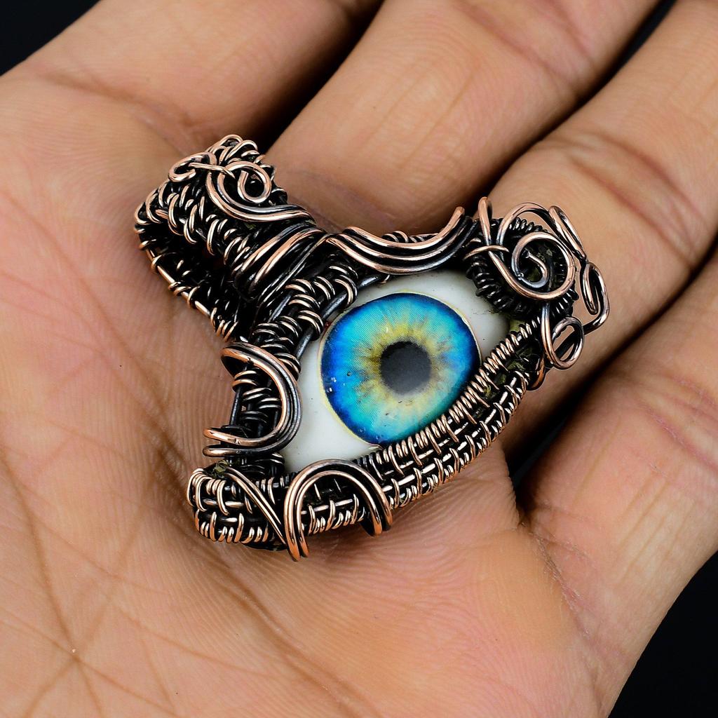 Evil Eye Pendant, 999 Copper Wire Wrapped Gemstone Jewelry, Handmade Pendant, For Mother Day