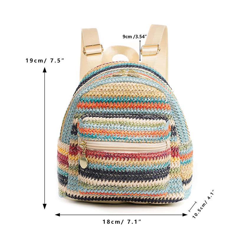 Women's Ethnic-Style Straw Backpack with Double Layer Zipper