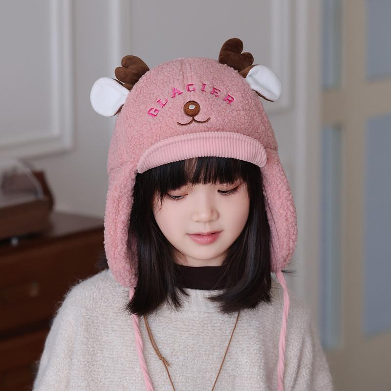 Kids Deer Cartoon Knit Hat With Windproof Design For Cold Weather Outdoor Activities розовый