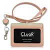 (Sealal) Genuine Leather ID Card Holder with Reel, ID Card Case, Neck Strap, Replaceable Film, Horizontal, Employee ID Card Case (06. Peach Pink)
