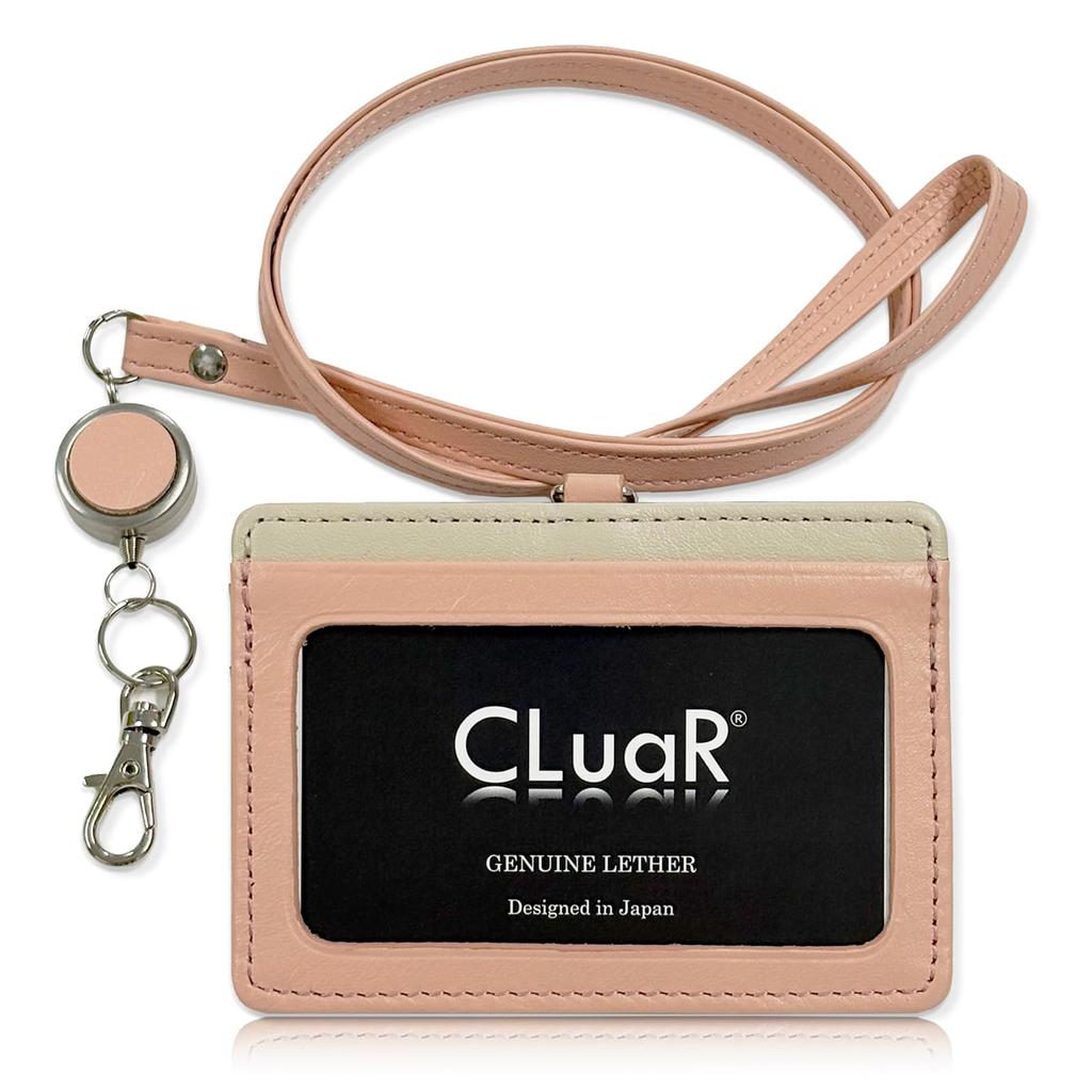 (Sealal) Genuine Leather ID Card Holder with Reel, ID Card Case, Neck Strap, Replaceable Film, Horizontal, Employee ID Card Case (06. Peach Pink)