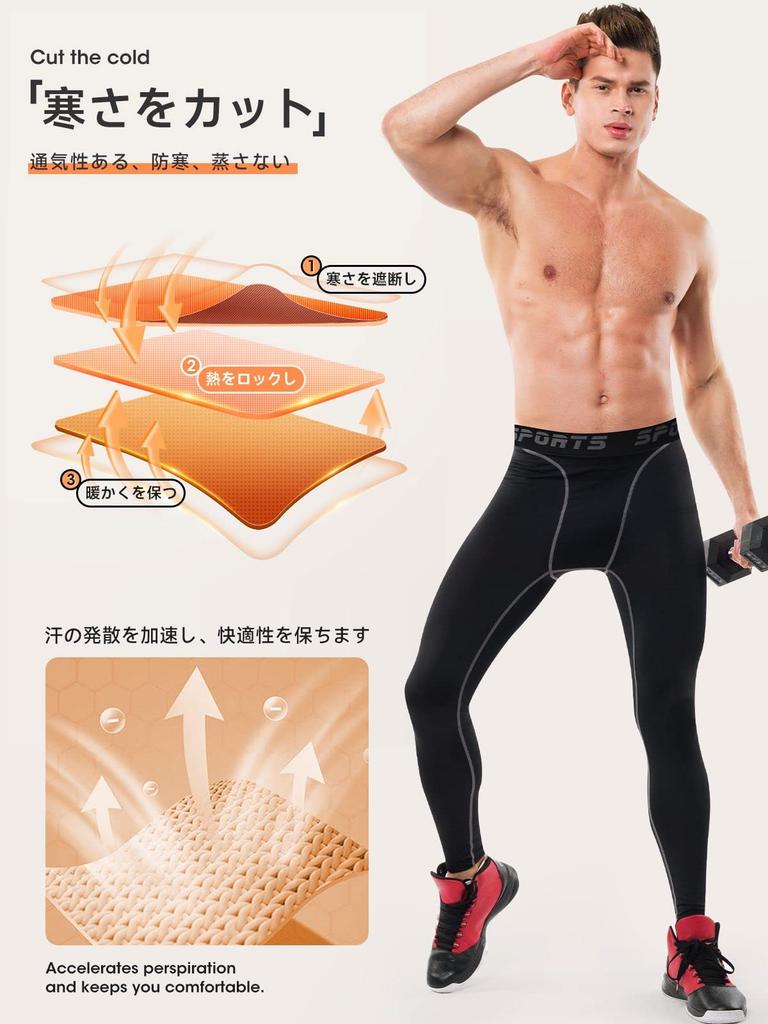 [THREEGUN] Sports Tights, Men's, Fleece-lined Compression Tights, Compression Leggings, Spats, Fleece-lined Tights, Running Tights, Breathable, Cold