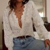 Chemise en Dentelle Ample à Col en V Design ajouré Blouse Douce Ample pour Femme Mode Sexy Manches Longues Hauts de Couleur Unie Vêtements Fins Transparents de Couleur Unie