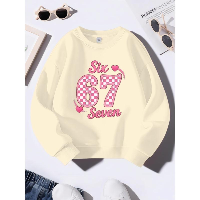Unisex Kids Pink Crewneck Sweatshirt For 4-12 Girls Pink Checkered Number 67 Six Seven Heart Glitter Print Soft Fleece Long Sleeve Pullover