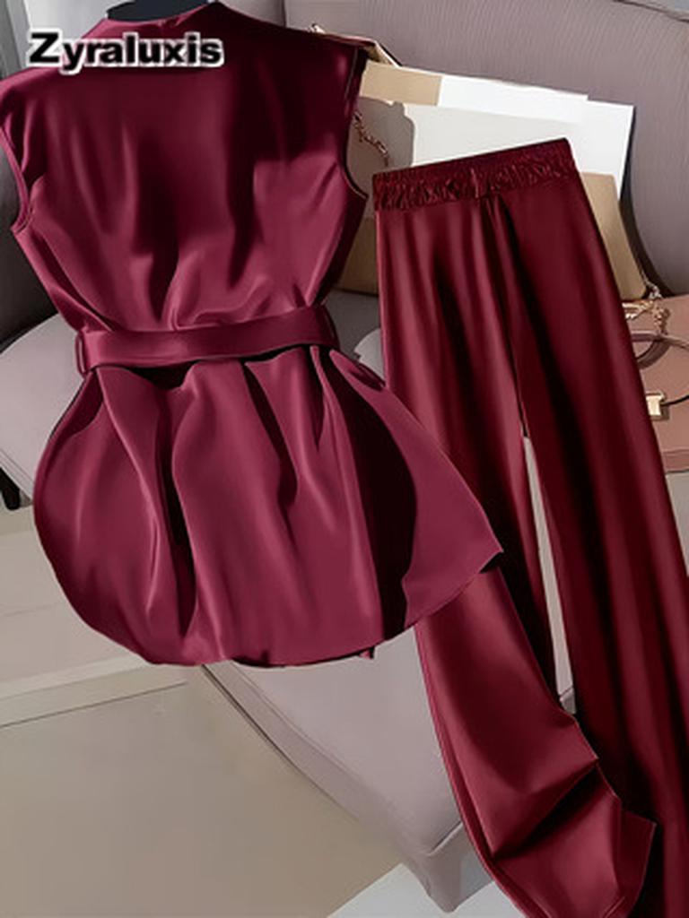 Women's Elegant Satin Figure-Hugging Casual Sleeveless Top & Solid Color Slim Fit Pants Set (Without Belt)