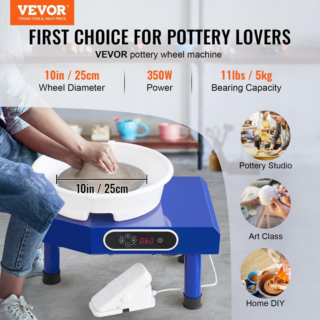 VEVOR Tornio per Ceramica, Macchina per Modellare su Ruota in Ceramica da 10 pollici, Velocità Regolabile 60-300 RPM con Pedale, Vasca Rimovibile in ABS, Pannello LCD Manuale