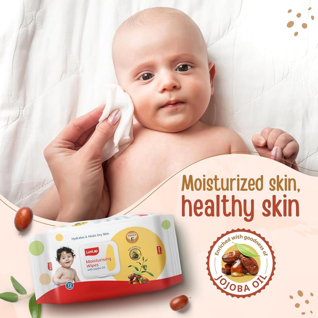 LuvLap Feuchte Babytücher Mit Jojobaöl Und Vitamin E - Parabenfrei, Hypoallergen (3er-Pack, 72 Tücher)