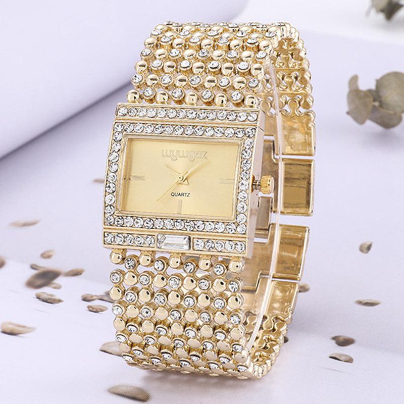 Trendy Ladies  Square Quartz Watch with Rhinestone Accents and Alloy Band