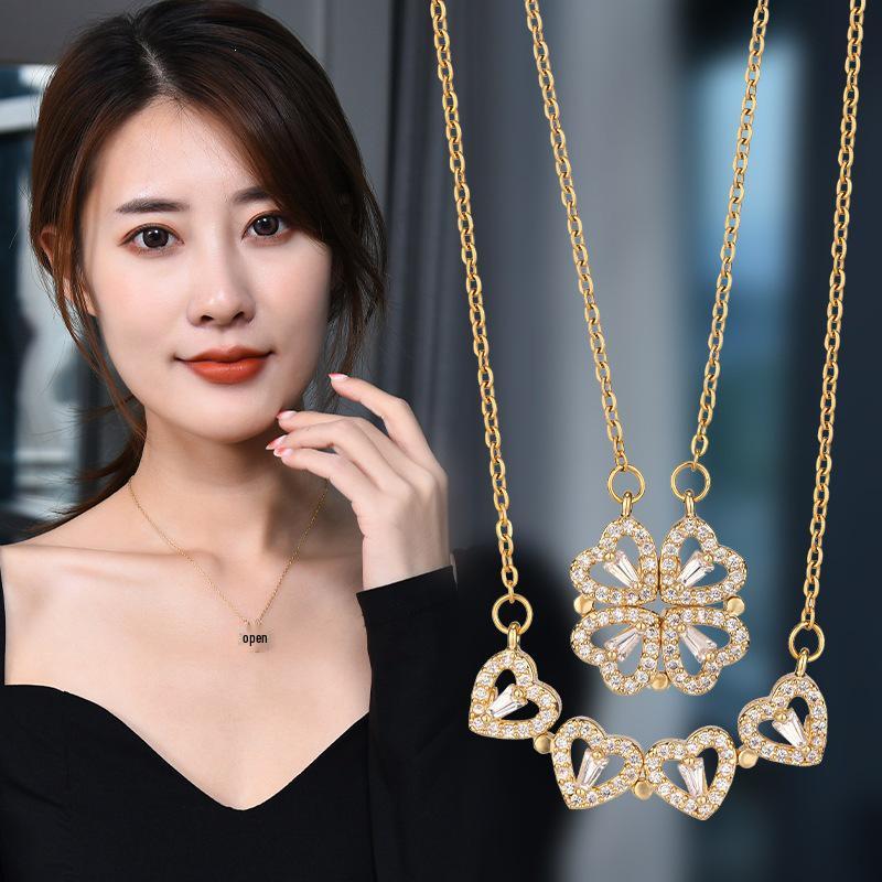 Trendy Four-Leaf Clover Reversible Necklace with Diamond Pendant - Versatile Style for Women
