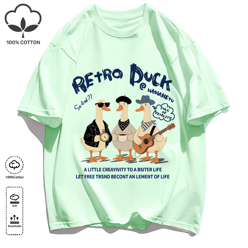 Retro Duck With Free Time T Shirt Unisex Fashion All-Match Basics Streetwear O-Neck Cotton Clothing Unisex Summer Loose Tee