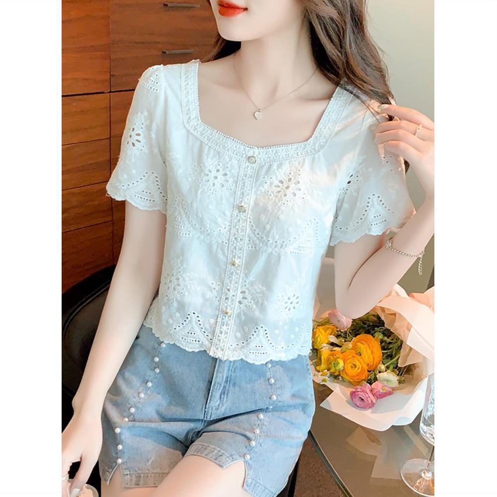 Sommer 2023 Retro Hohlspitze Quadratischer Ausschnitt Kurzarm Damen Schlankmachendes Oberteil