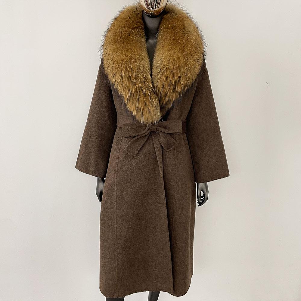 OFTBUY Kabát z pravé kožešiny 2024 Nadměrný dámský svrchní oděv Zimní dámská bunda s límcem z přírodní liščí kožešiny Kapuce Kašmírová vlněná směs Kabát
