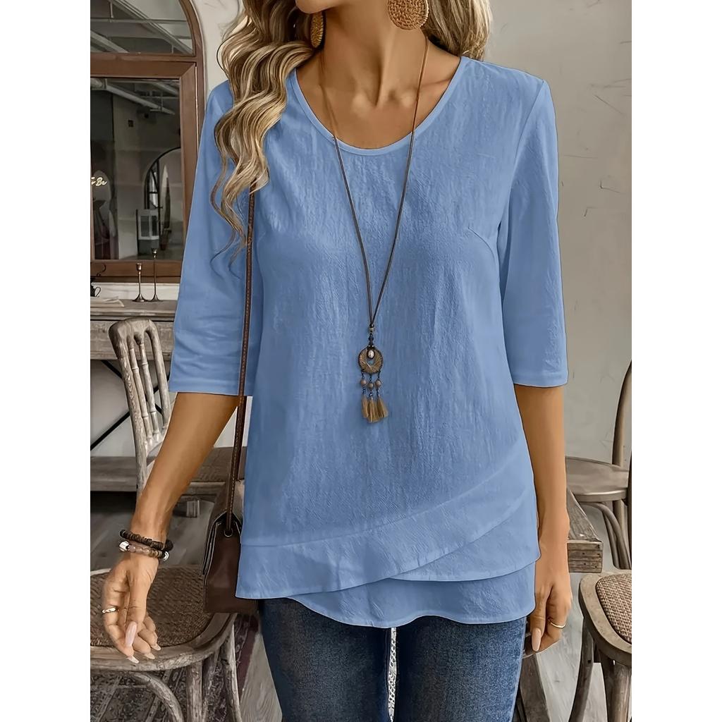 Ladies' Detail V-neck Patch Splicing Design Solid Color Shirt