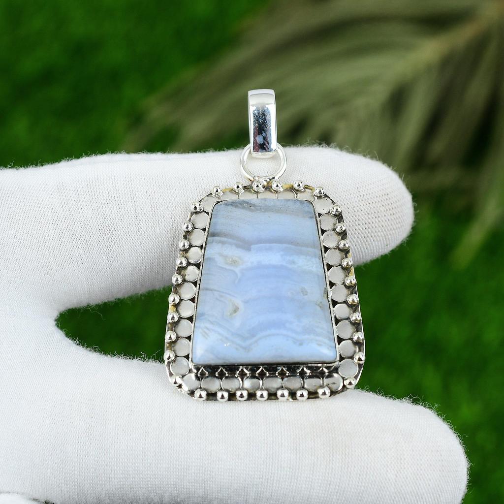 Birthday Gift For Her Natural Blue Lace Agate Gemstone Pendant 925 Silver