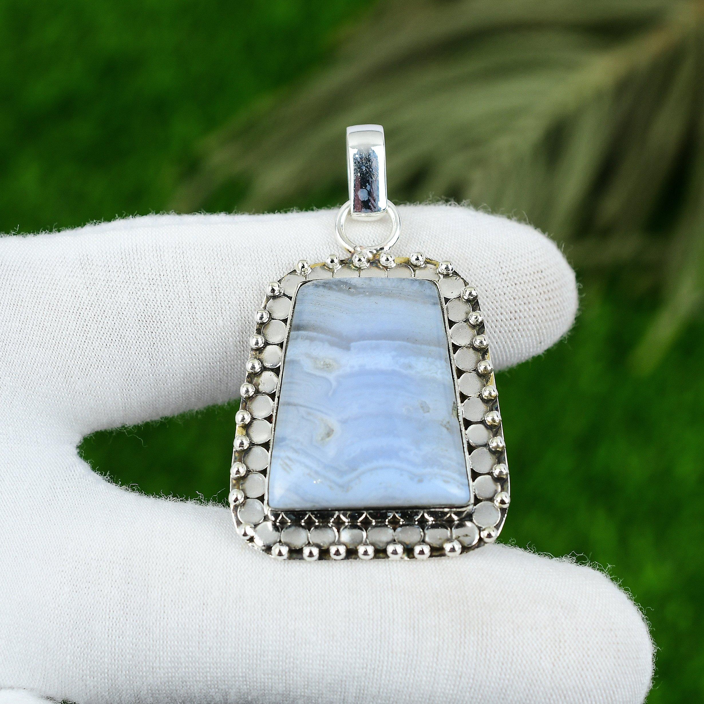

Birthday Gift For Her Natural Blue Lace Agate Gemstone Pendant 925 Silver