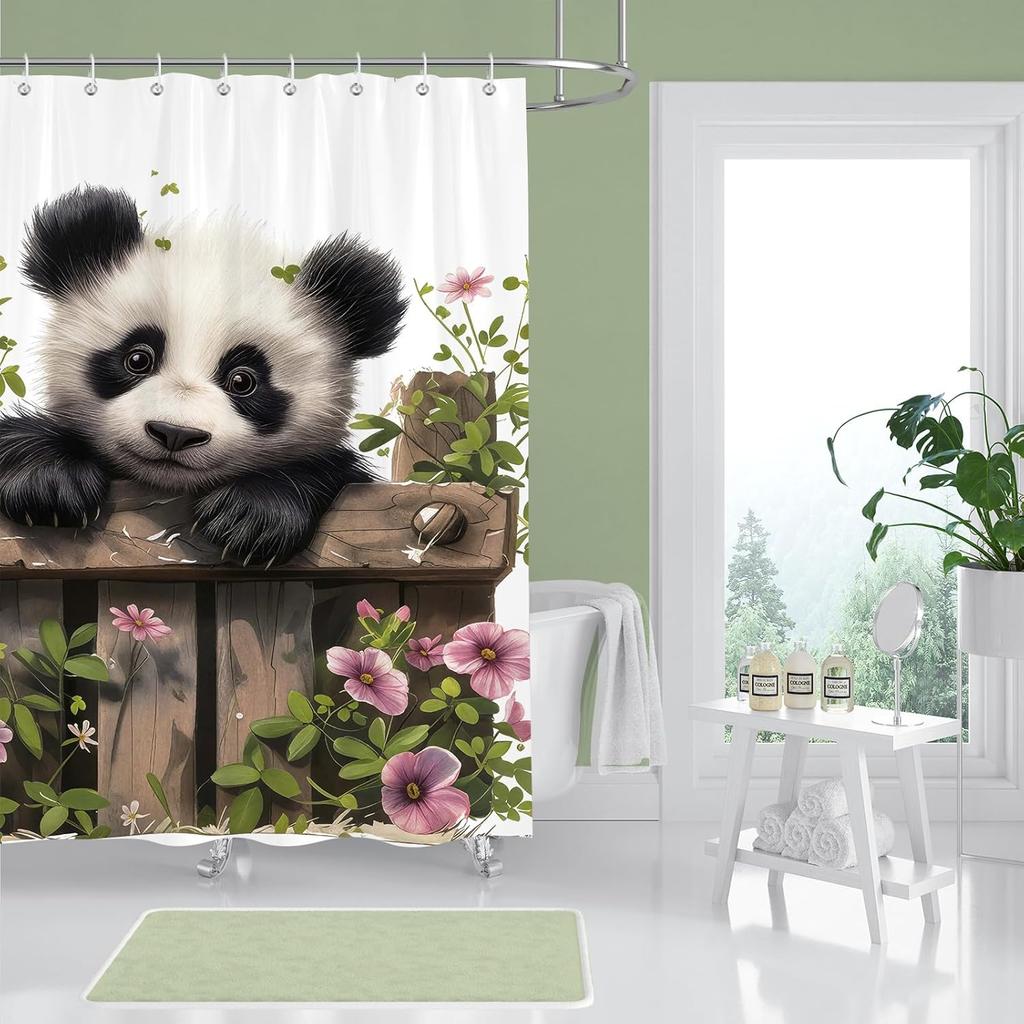 Cute Panda Shower Curtain,Funny Farmhouse Panda Chinese Animal Floral Leaves Waterproof Polyester Fabric Bathroom Curtain with