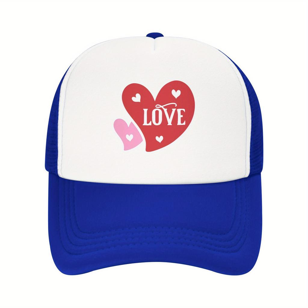 Love Heart Graphic Mesh Trucker Hat Polyester Casual Adjustable Snapback Baseball Cap for Men Women