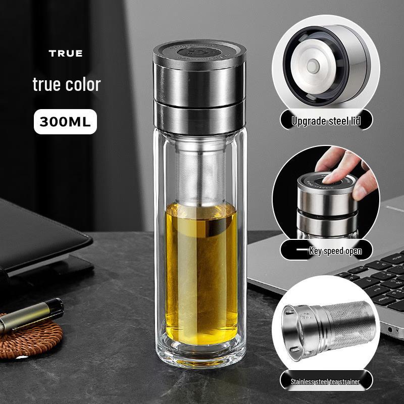 Haofeng Double-Layer Glass Tea Cup with Lid 300ML