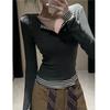 Women's Striped Color Block Fake Two-Piece Long Sleeve Button-Up Top