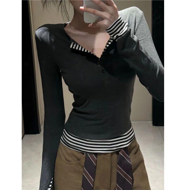 Women's Striped Color Block Fake Two-Piece Long Sleeve Button-Up Top