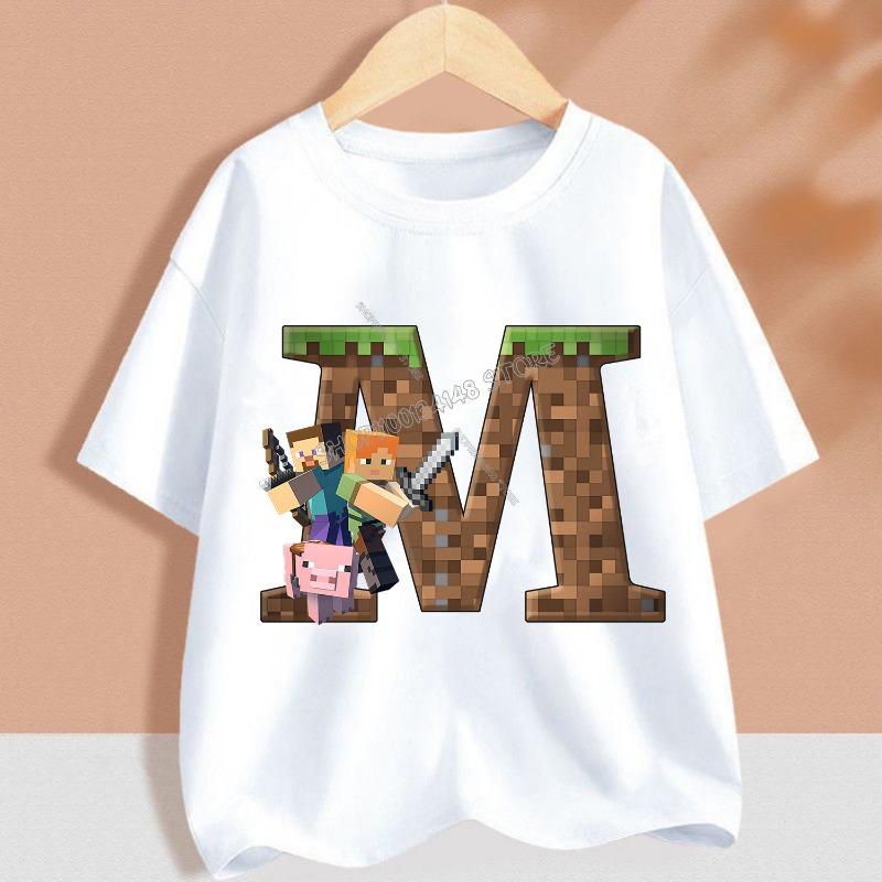 

Горячая пиксельная игровая футболка Детская Буква от A до Z Белая одежда Мультяшная с круглым вырезом Одежда Новая Детская с коротким рукавом Летняя футболка Топ Подарок 140