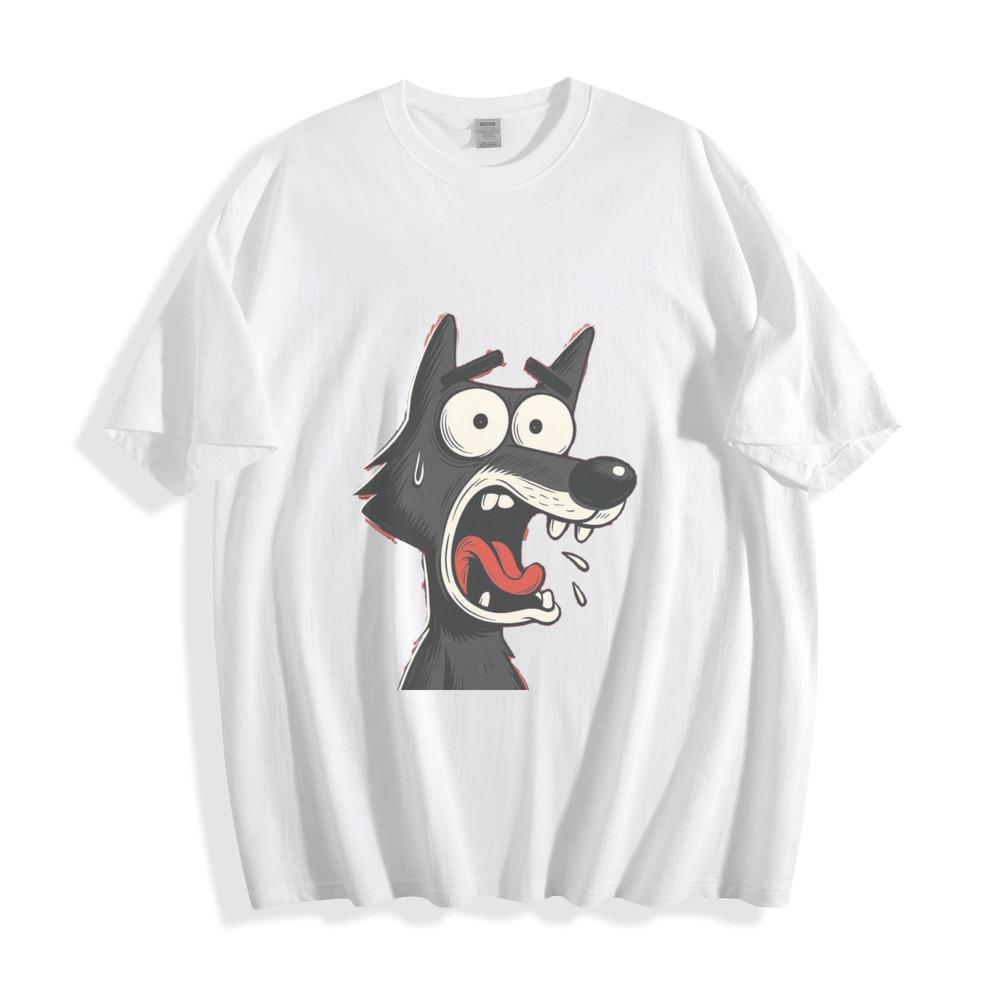 Shocked Wolf Cartoon T-Shirt - Hilarious Wide-Eyed Wilderness Unisex Tee