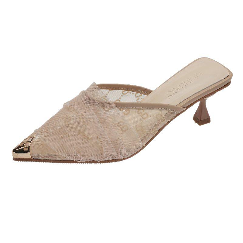 Pointed Stiletto Slippers Women's Outer Wear 2025 New Lace Hollow Temperament Fashion Fairy Style Metal Head Half Drag