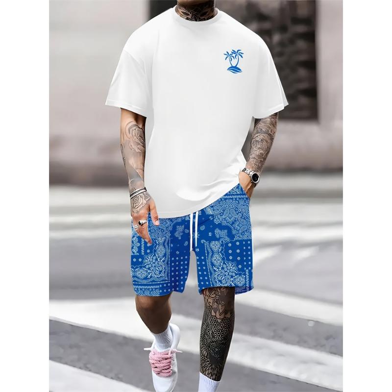 

Summer Men s Sportswear Solid Color Round Neck T-shirt Waist Nut Flower Pattern Shorts Fashion Two Piece Men s Hawaii Suit S