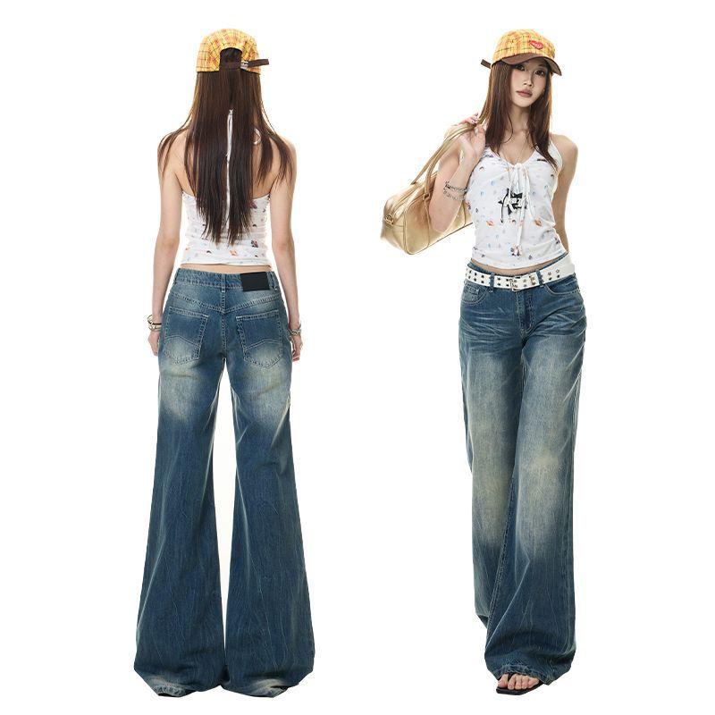 Spring Summer Thin Vintage Crease Retro Wash Craft Micro Flare Denim Pants For Women Casual Pants Oversize Denim Trousers