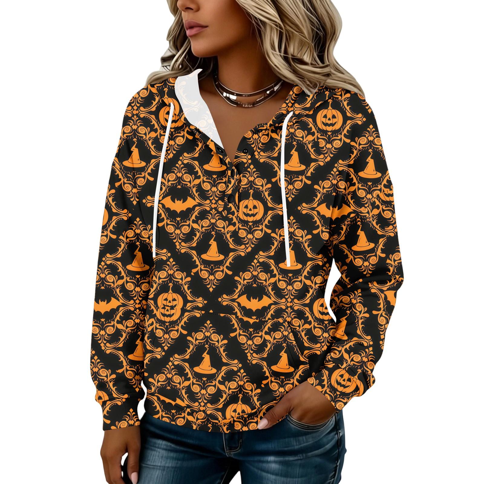 Women s Fashion Button Front Hoodie with Halloween Print Pullover Sweatshirt for Casual Everyday Wear L