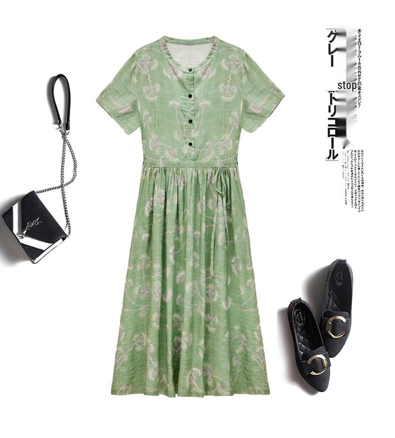 Dámské letní 2025 květinové bavlněné lněné šaty - Krátký rukáv, zeštíhlující pas, dlouhá délka, omlazující, módní ležérní oblečení pro matky