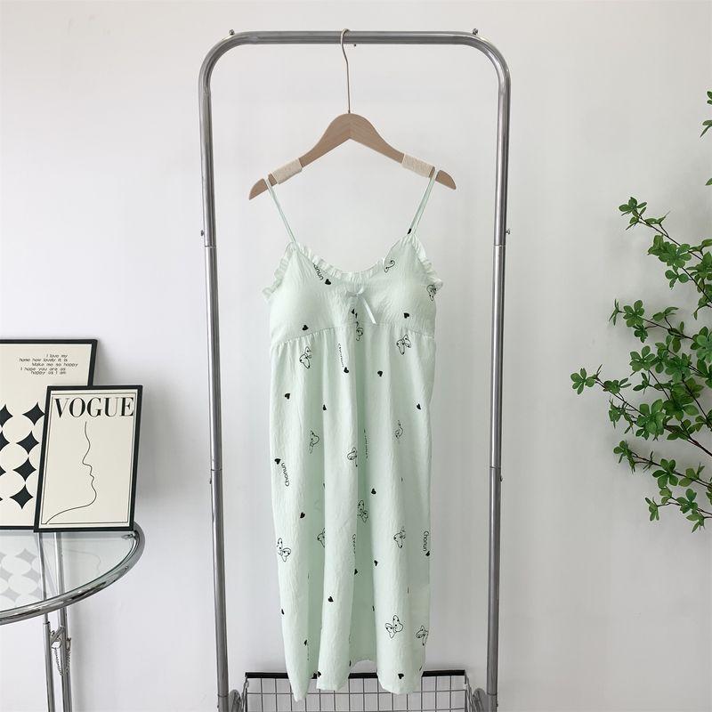 With Chest Pad Anti-exposure Nightdress Summer New Woven Foamed Cotton Suspender Dress Cute Sweet Girl Sleeveless Pajamas