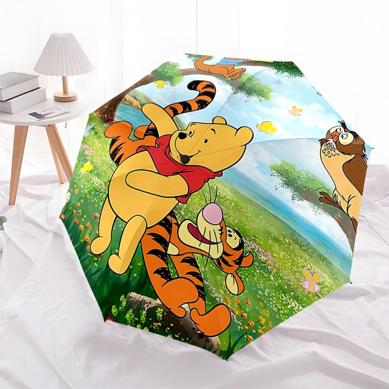 Ombrello da Viaggio a Tema Winnie the Pooh e Amici - 8 Stecche, Apertura e Chiusura Automatiche, Design Pieghevole Portatile, Ombrello Compatto ed Elegante