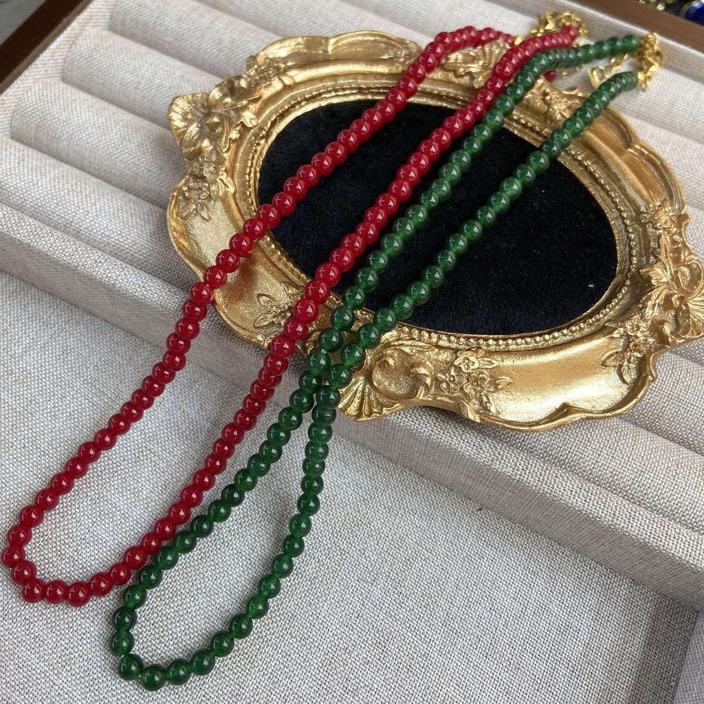 New Chinese Red-Green 4Mm Glazed Bead Necklace Female White Lobster Buckle Clavicle Chain Temperament Neck Chain