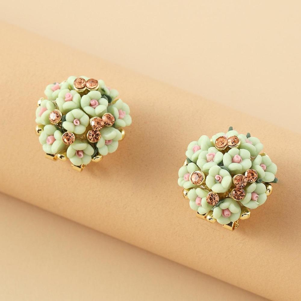 Romantic Ceramic Flower Rose Diamond Alloy Earrings Temperament Ear Buckle Exquisite Stud Earrings Jewelry Popular