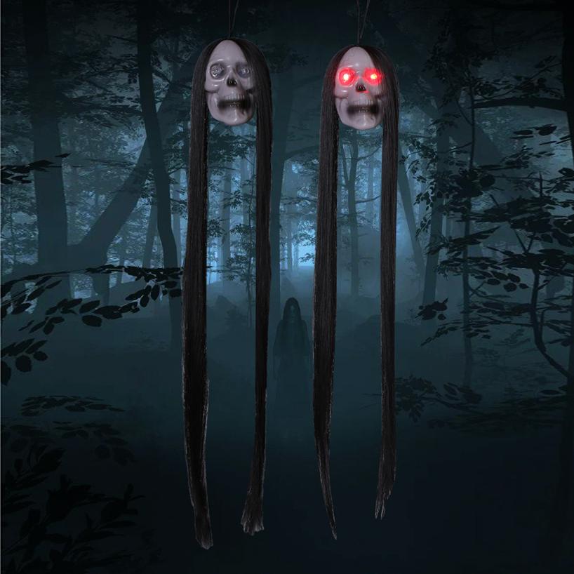 Halloween Ghost Skeleton Head With Long Hair Red Blinking Eye Horror Photo Prop For Home Garden Outdoor Party Decoration Decor