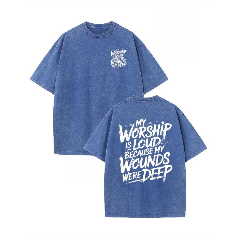 Vintage Creative Pattern Washed "My Worship Is Lord Because My Wounds Were Deep" Double-Sided Printed Washed Drop Shoulder Men'S Vintage Street Basic
