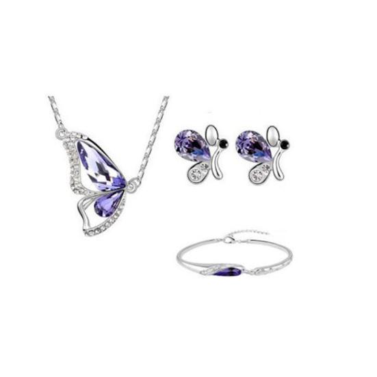 Butterfly Rhinestone anheng halskjede Stud øredobber armbånd brude smykker sett