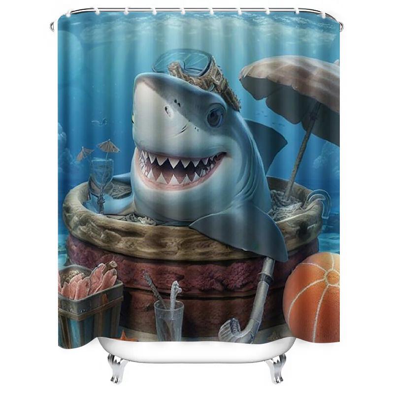 Fun Shark with Umbrella Waterproof Shower Curtain Heat Resistant Machine Washable Non-Transparent 180x180cm