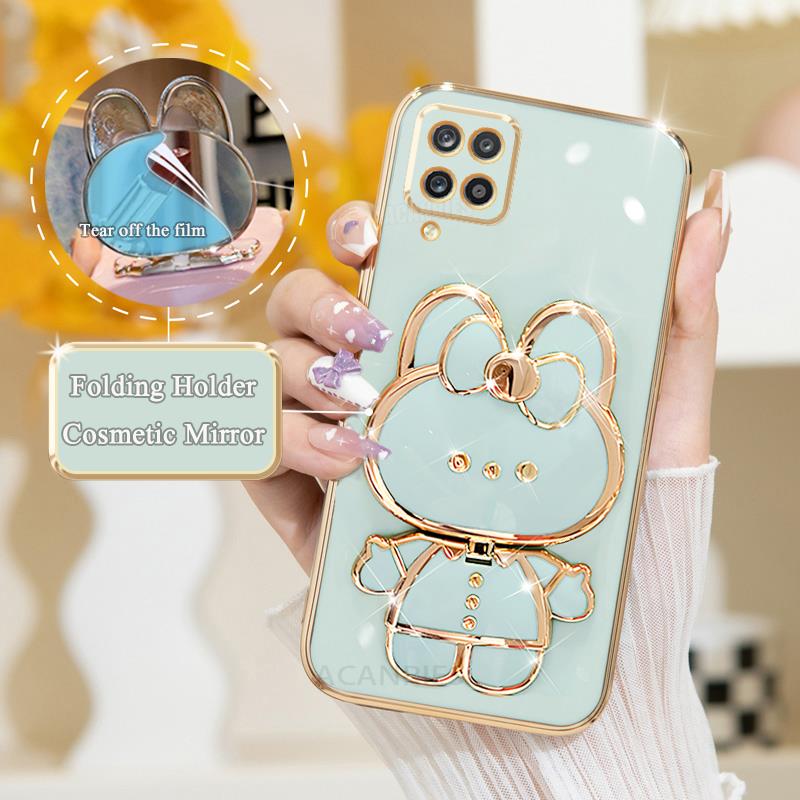 A 12 22 Luxury Plating Mirror Holder Case For Samsung Galaxy A12 A22 M32 4g 5g A42 M12 M33 M53 Silicone Stand Cover A02 A03 A05